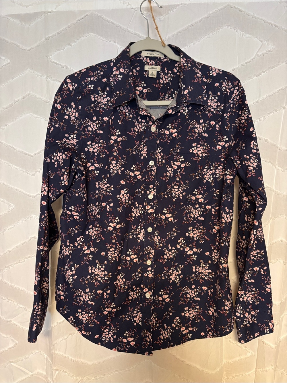 L.L. Bean Navy Button-Down Shirt with Pink Floral Print
